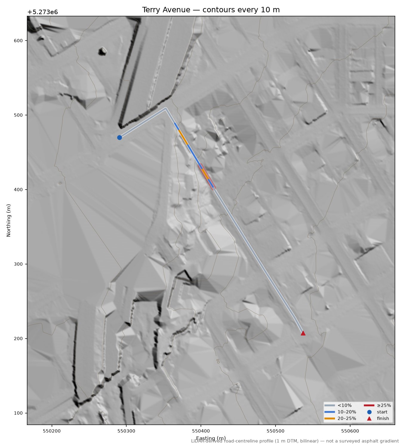 Terry Avenue LiDAR hillshade map with contours
