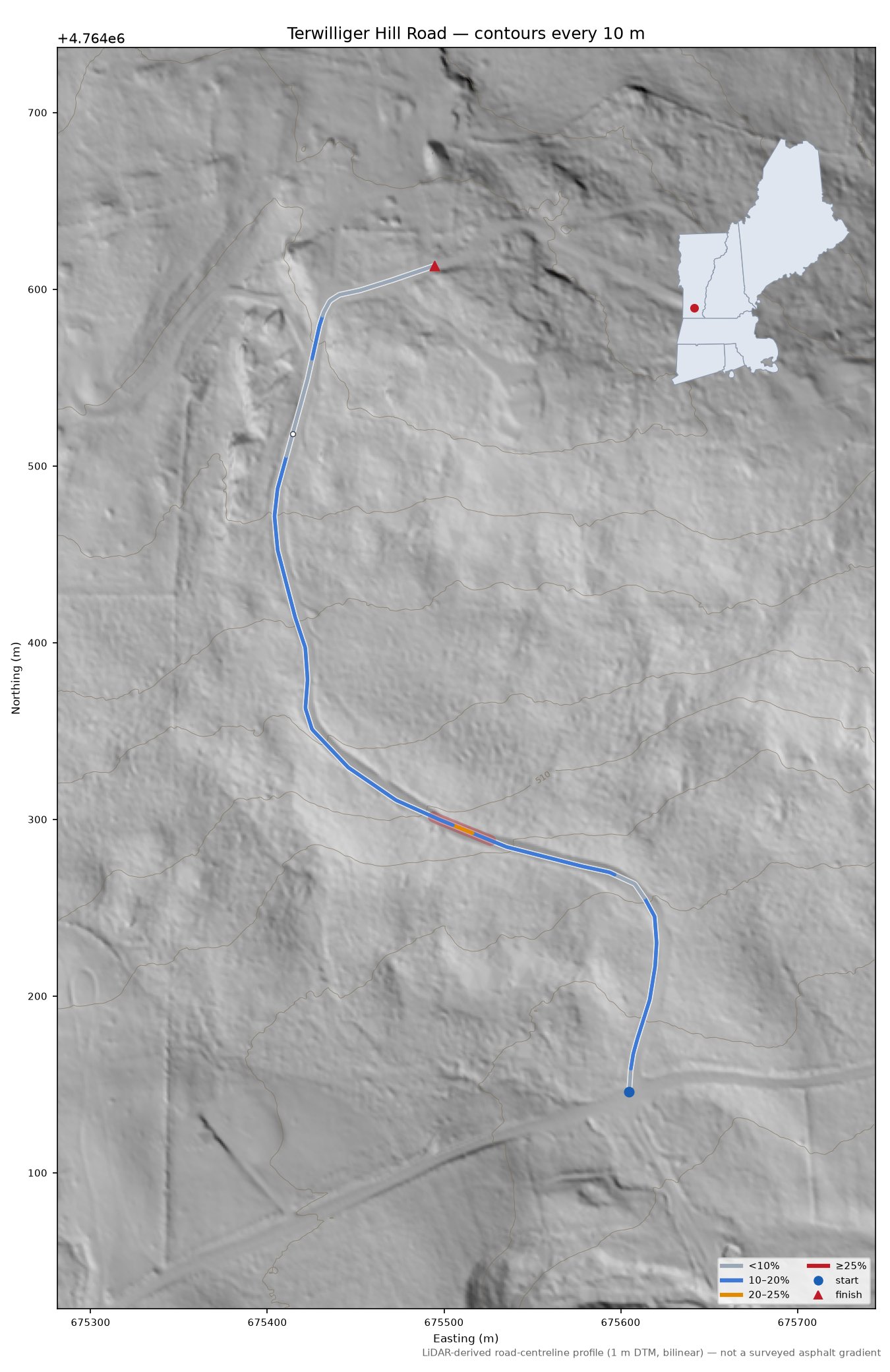 Terwilliger Hill Road LiDAR hillshade map with contours