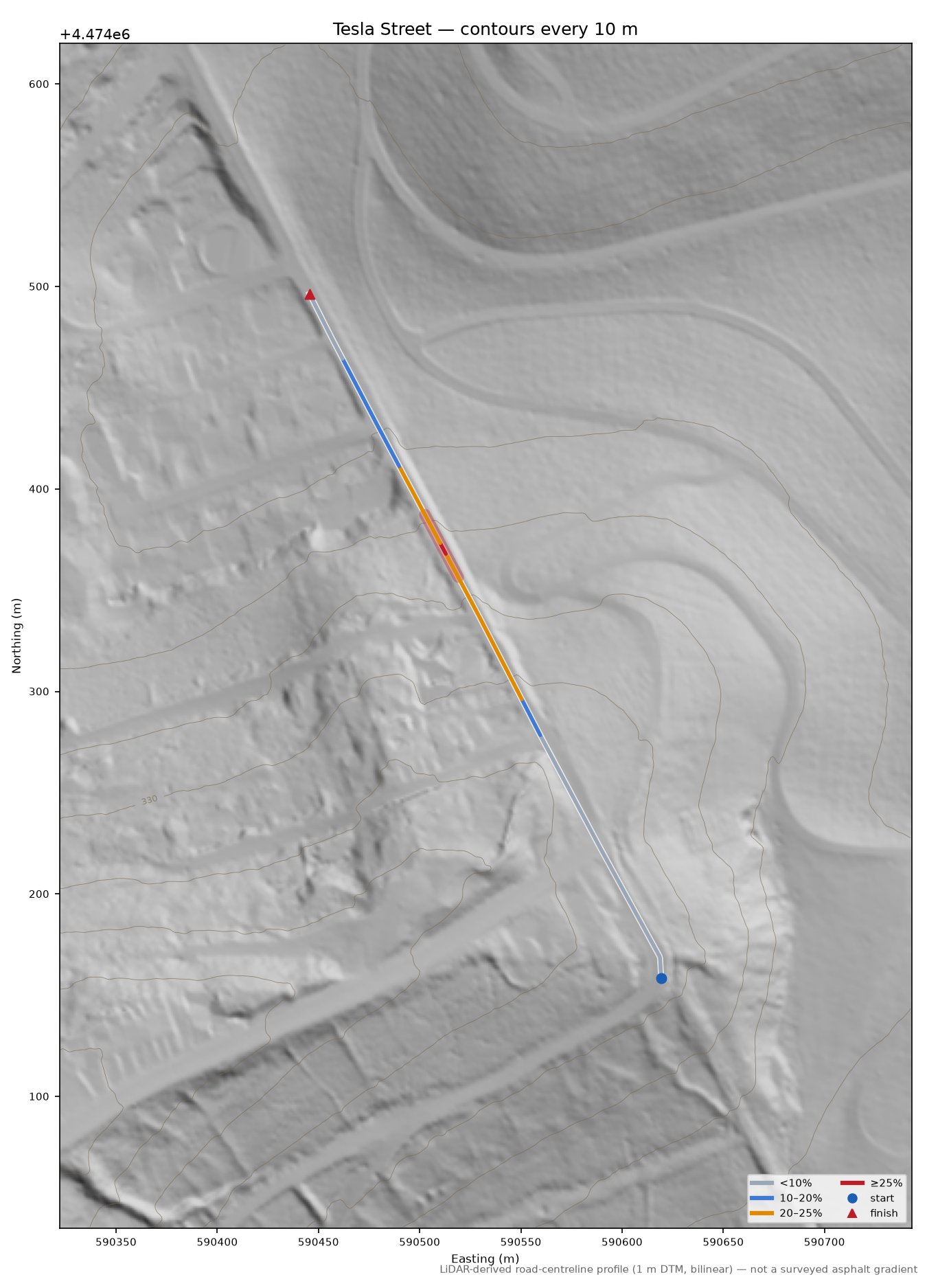 Tesla Street LiDAR hillshade map with contours