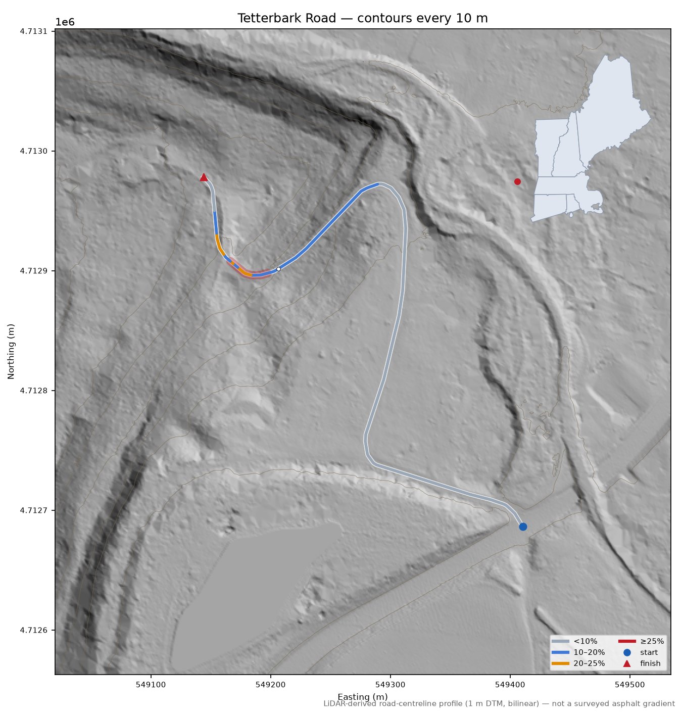 Tetterbark Road LiDAR hillshade map with contours