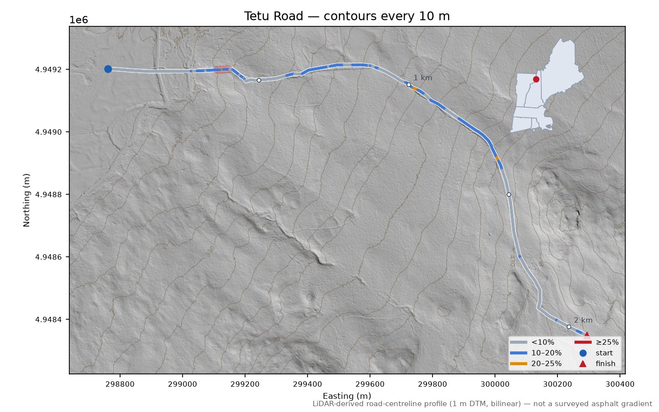 Tetu Road LiDAR hillshade map with contours