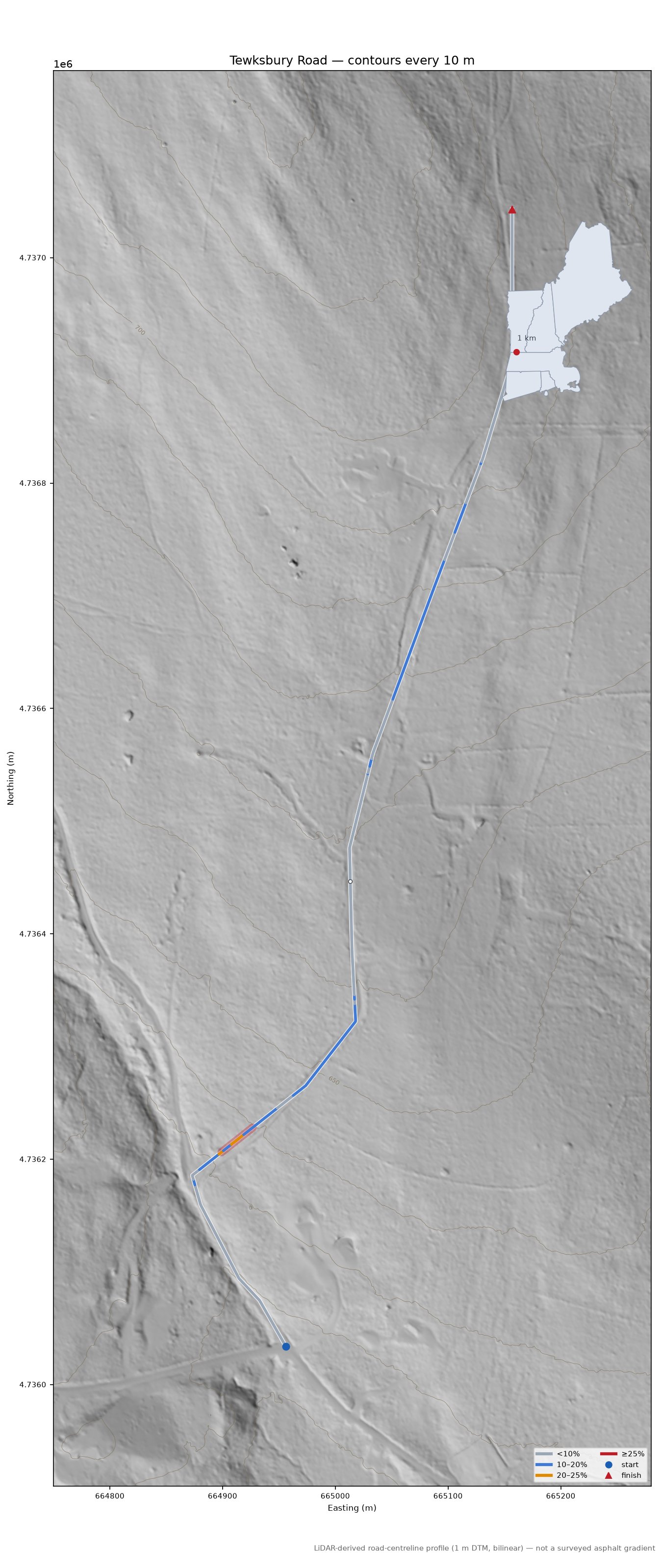 Tewksbury Road LiDAR hillshade map with contours