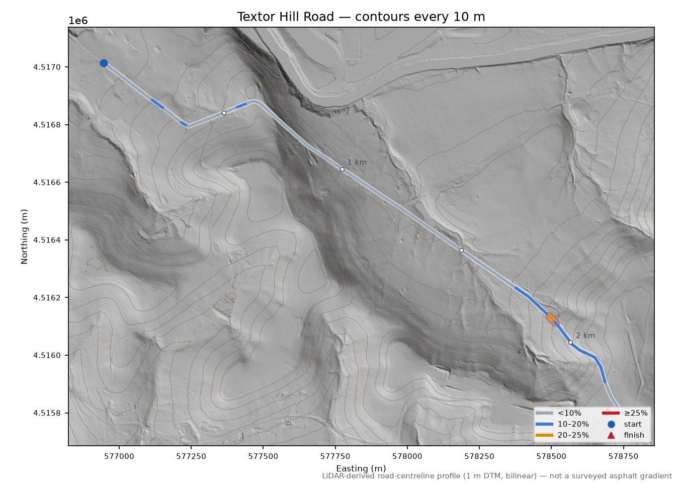 Textor Hill Road LiDAR hillshade map with contours