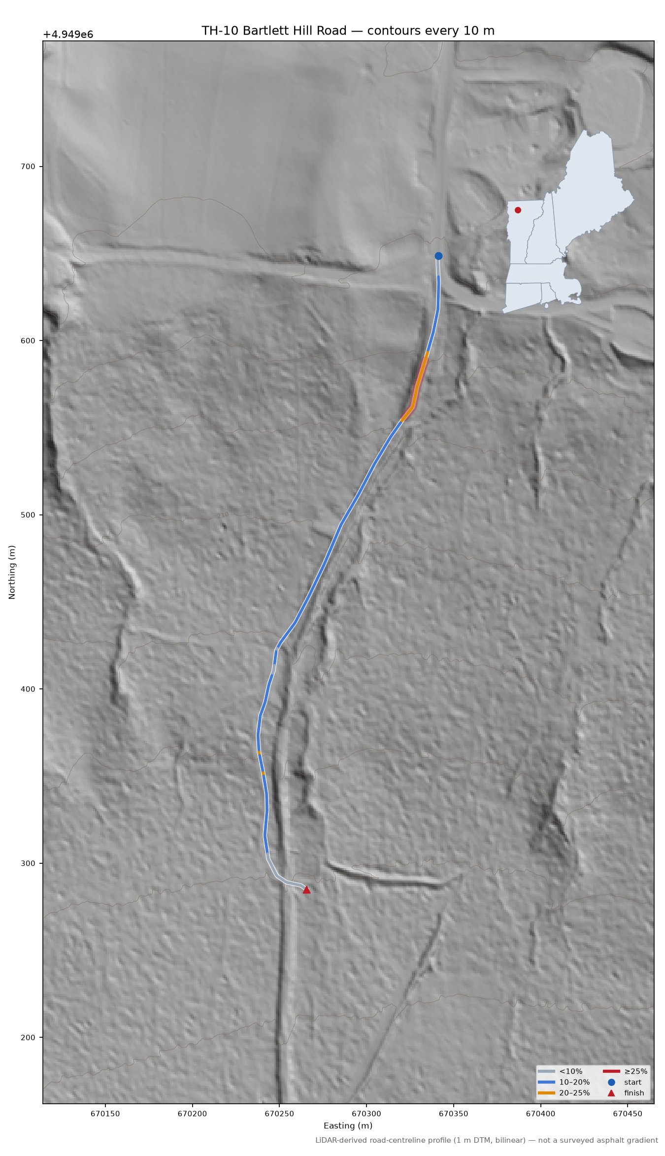 TH-10 Bartlett Hill Road LiDAR hillshade map with contours