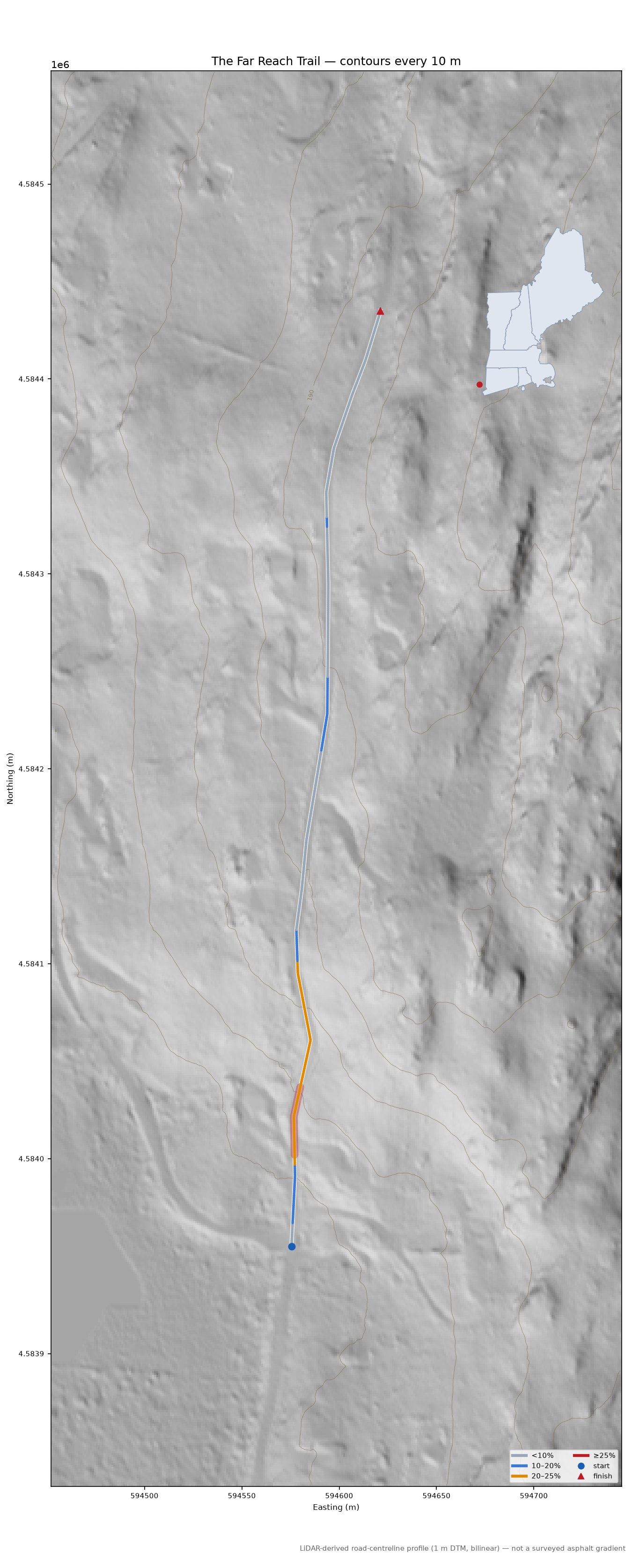 The Far Reach Trail LiDAR hillshade map with contours