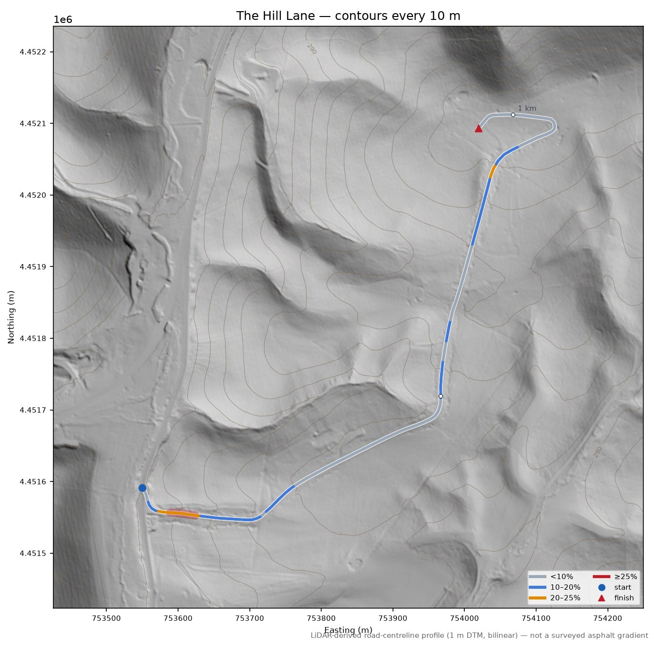 The Hill Lane LiDAR hillshade map with contours