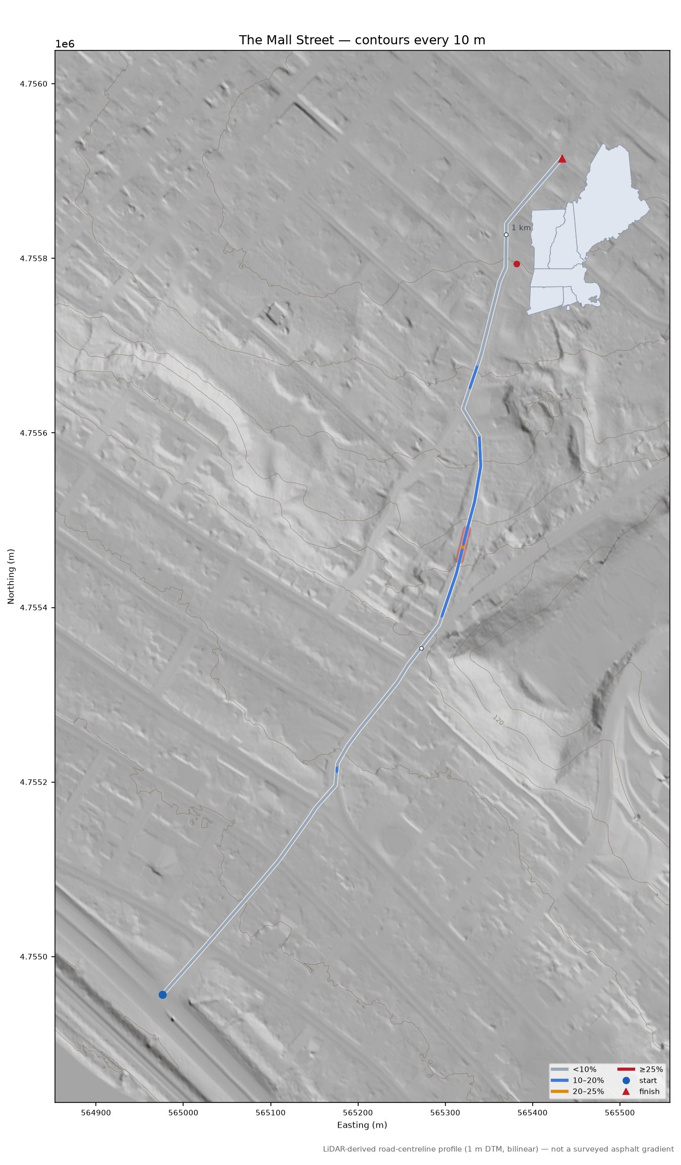 The Mall Street LiDAR hillshade map with contours