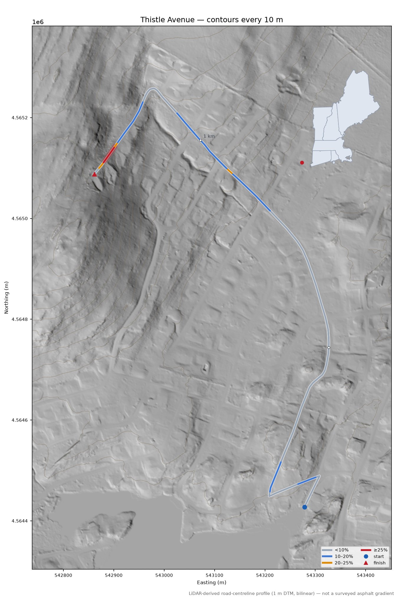Thistle Avenue LiDAR hillshade map with contours