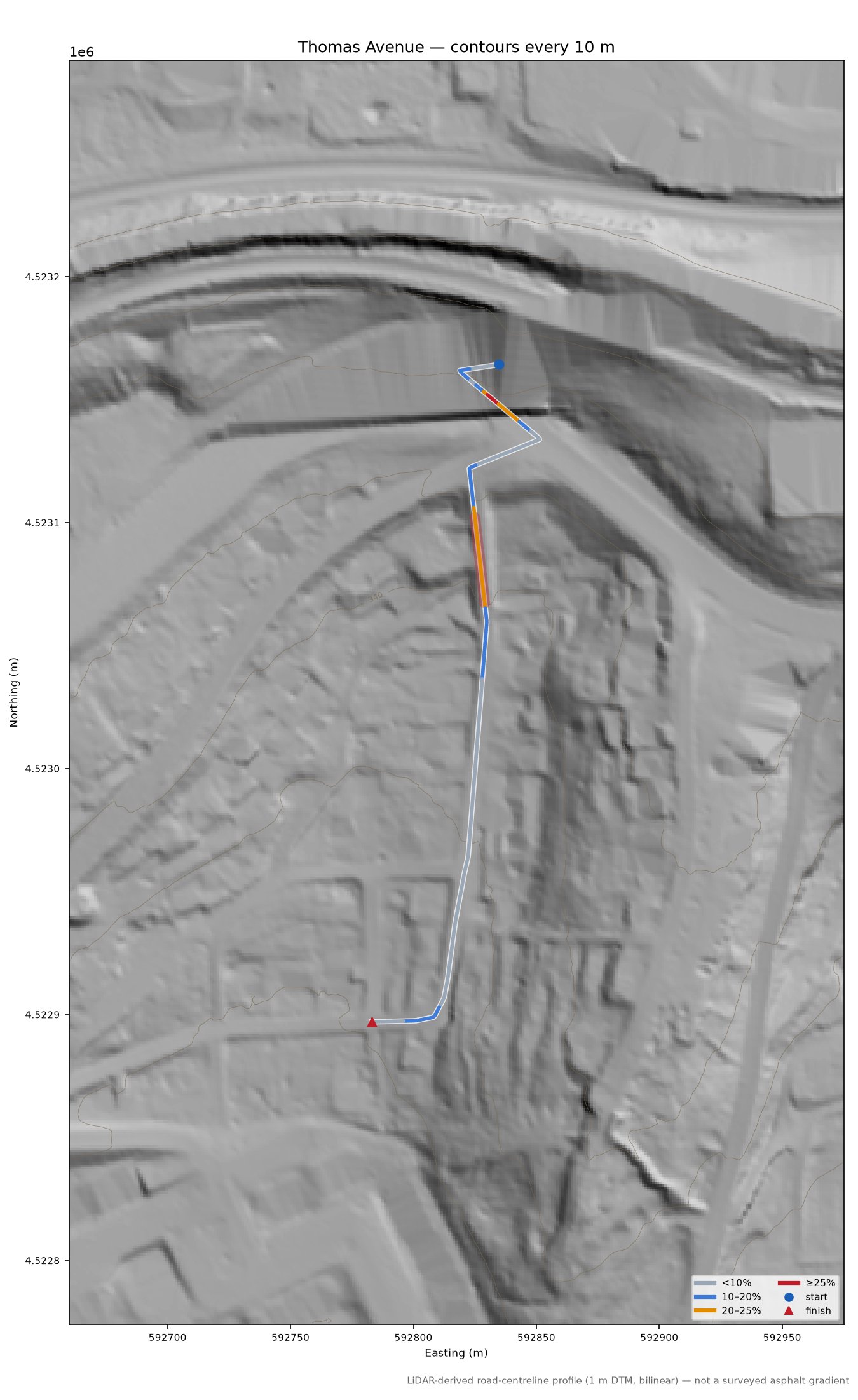 Thomas Avenue LiDAR hillshade map with contours