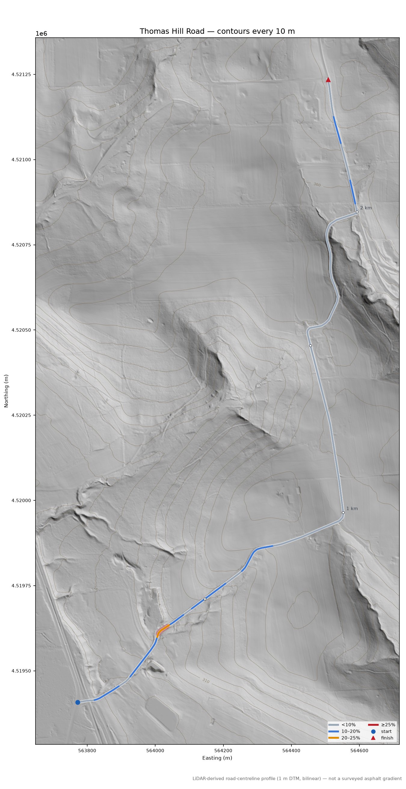 Thomas Hill Road LiDAR hillshade map with contours