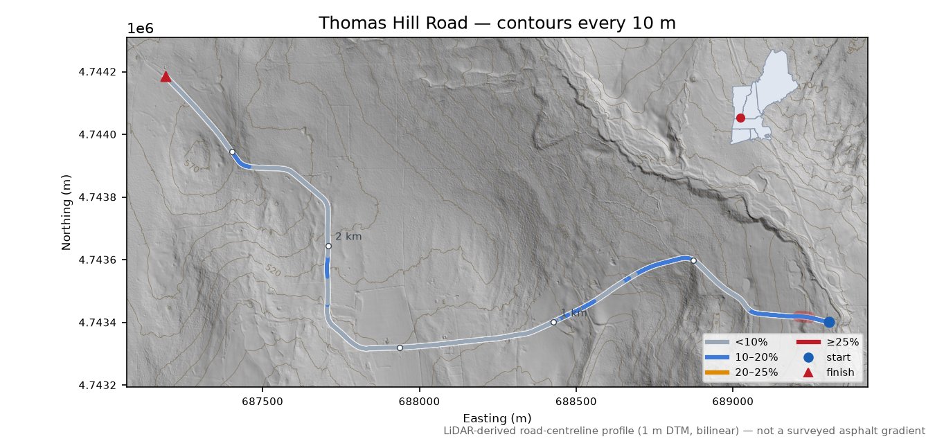 Thomas Hill Road LiDAR hillshade map with contours