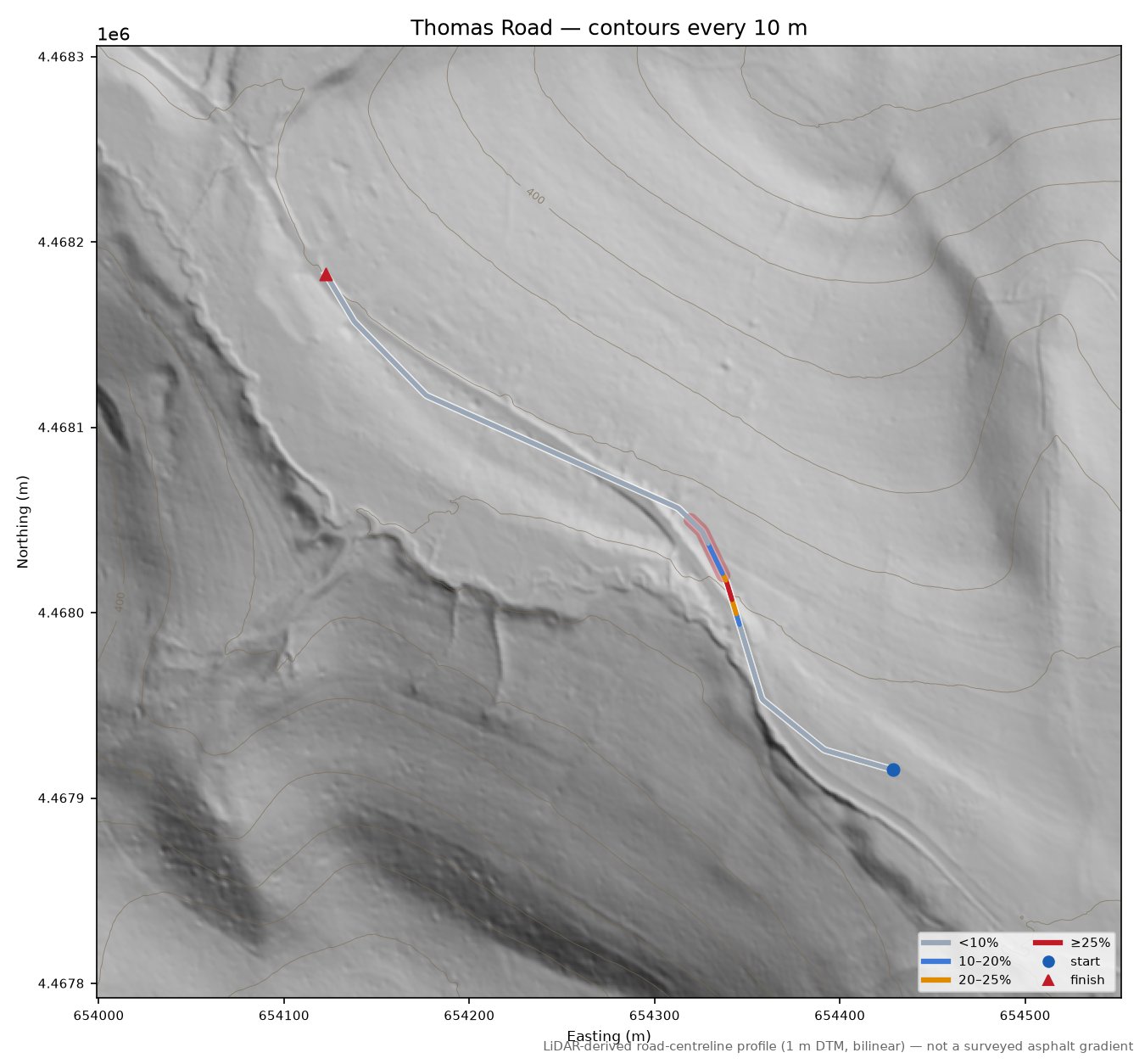 Thomas Road LiDAR hillshade map with contours