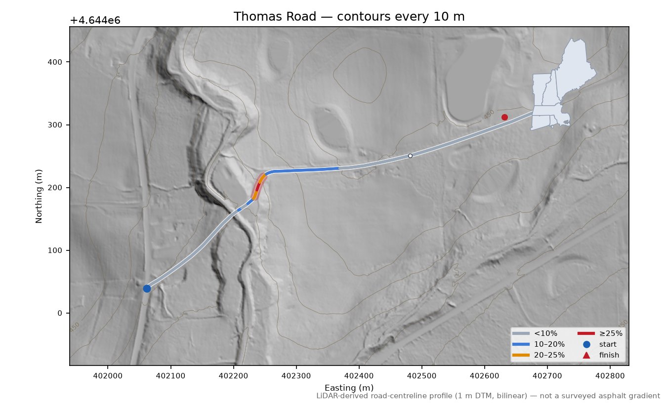 Thomas Road LiDAR hillshade map with contours