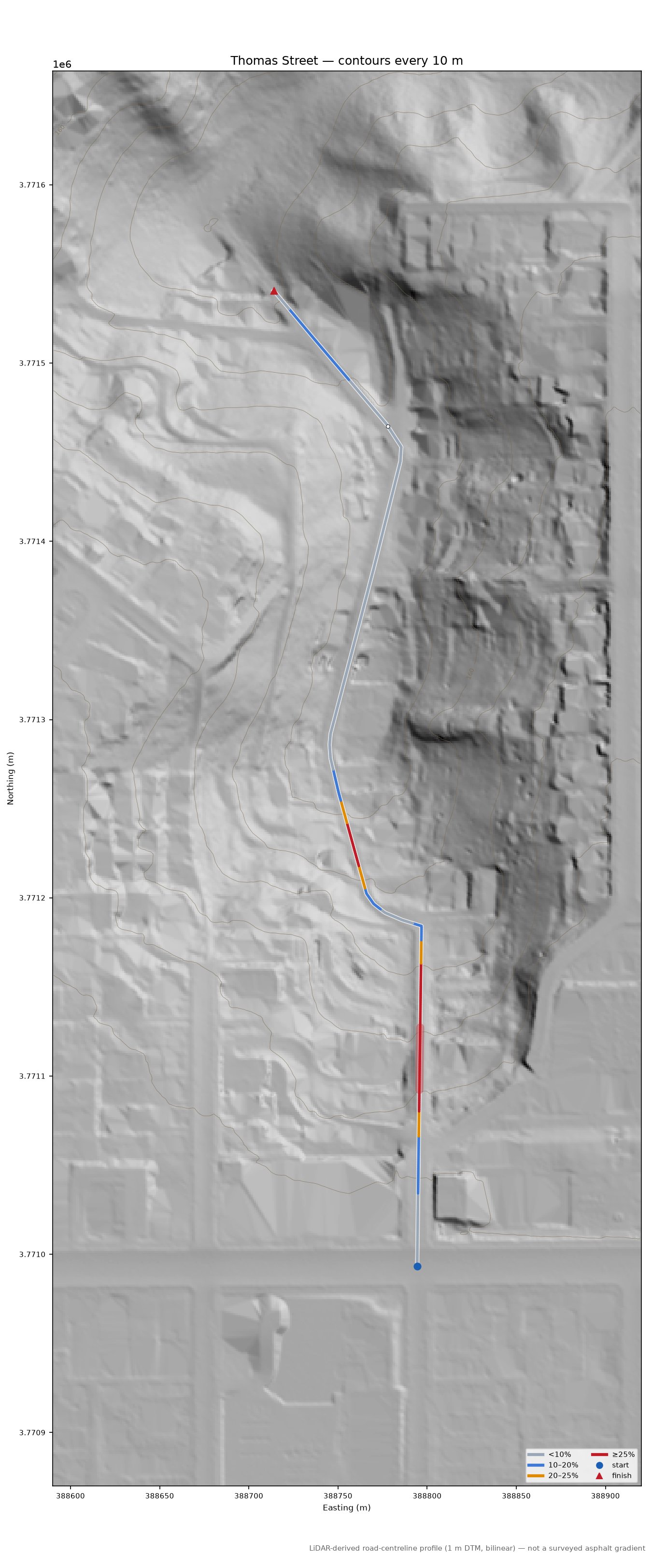 Thomas Street LiDAR hillshade map with contours
