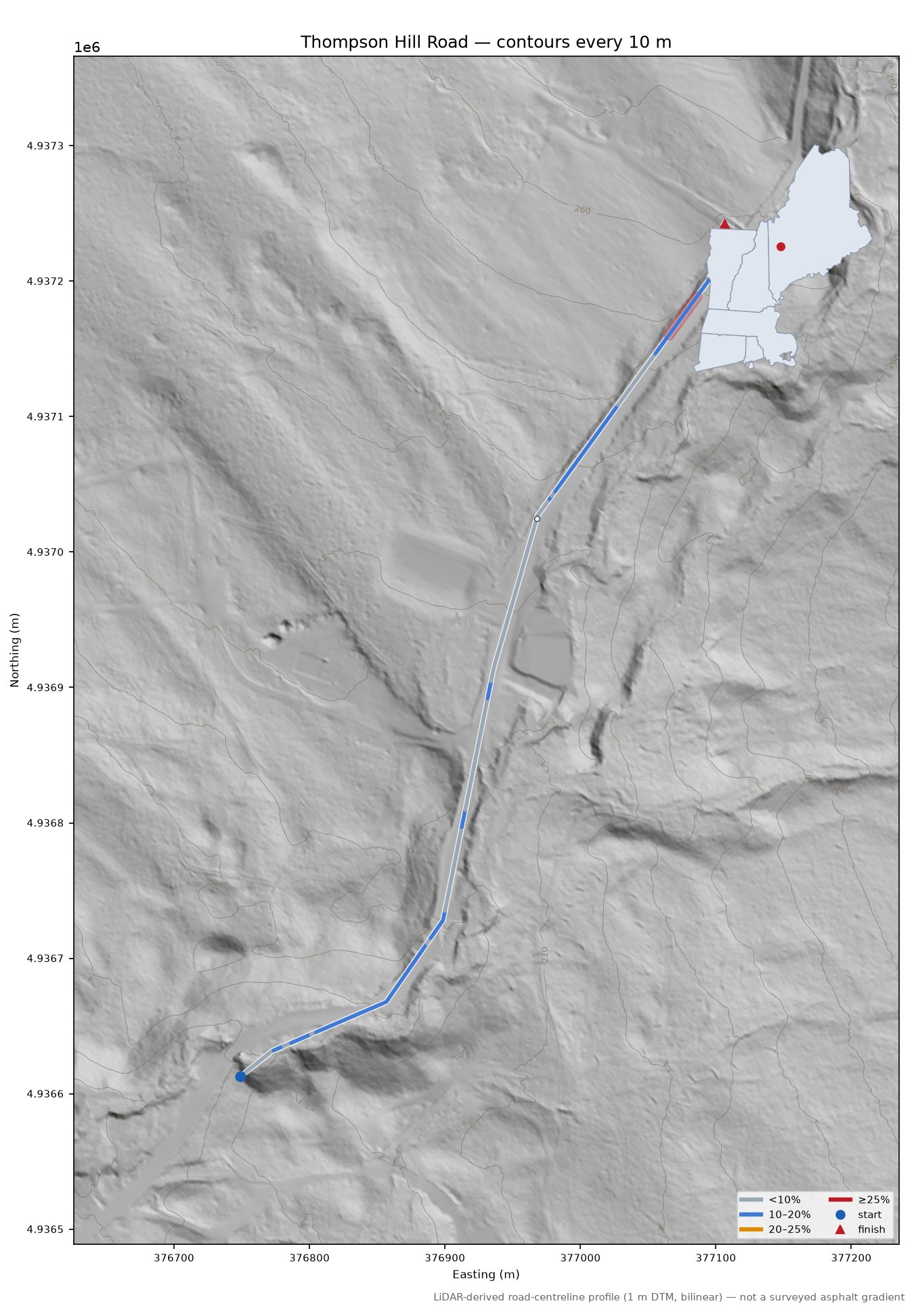 Thompson Hill Road LiDAR hillshade map with contours
