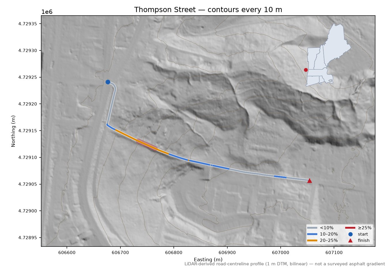 Thompson Street LiDAR hillshade map with contours