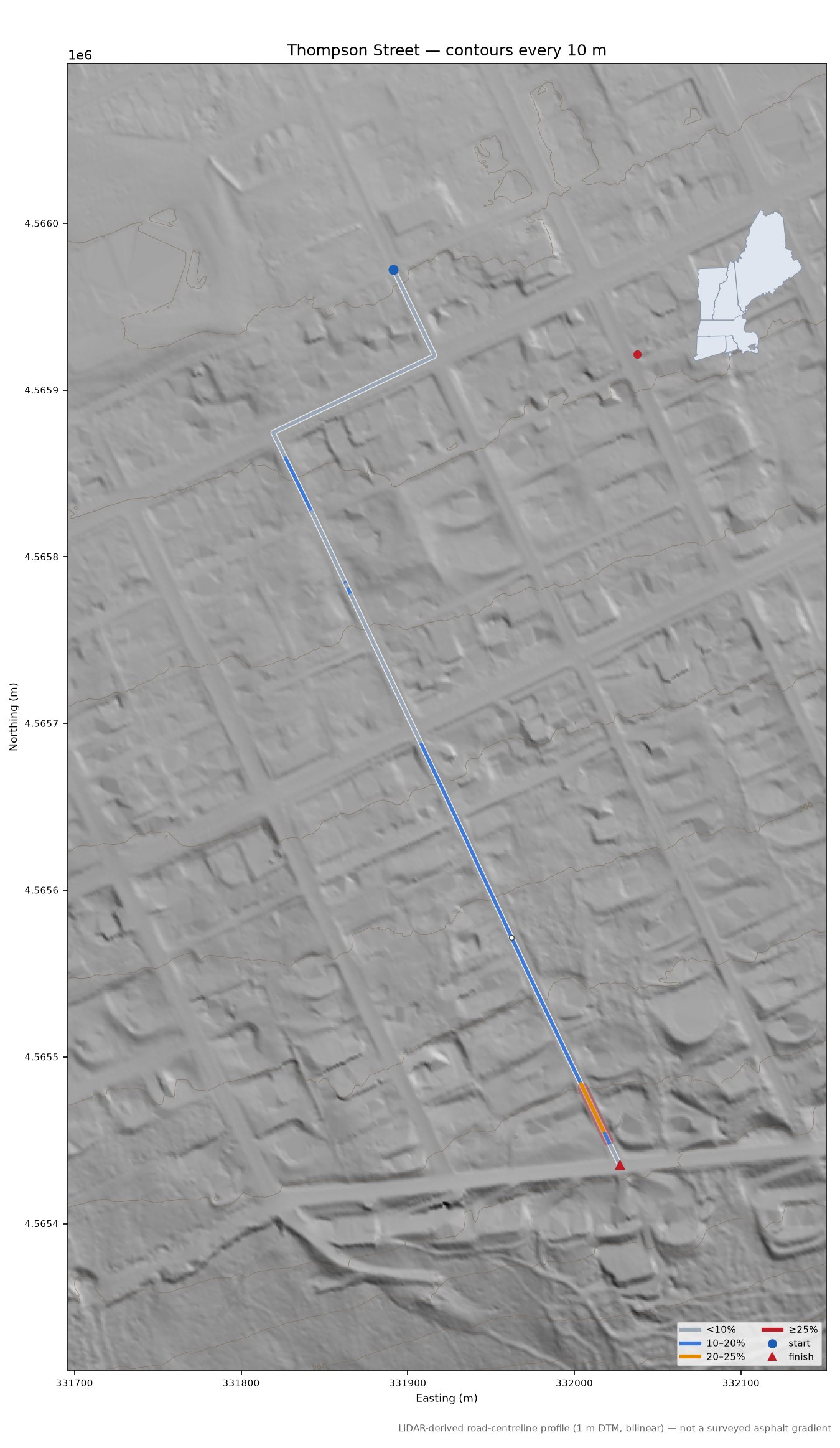 Thompson Street LiDAR hillshade map with contours