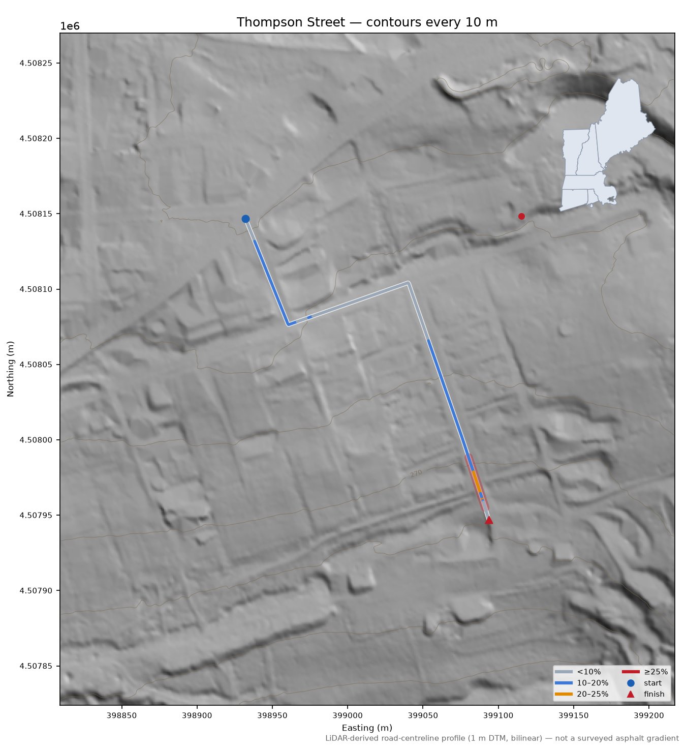 Thompson Street LiDAR hillshade map with contours