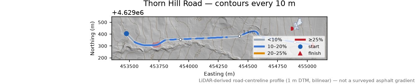 Thorn Hill Road LiDAR hillshade map with contours