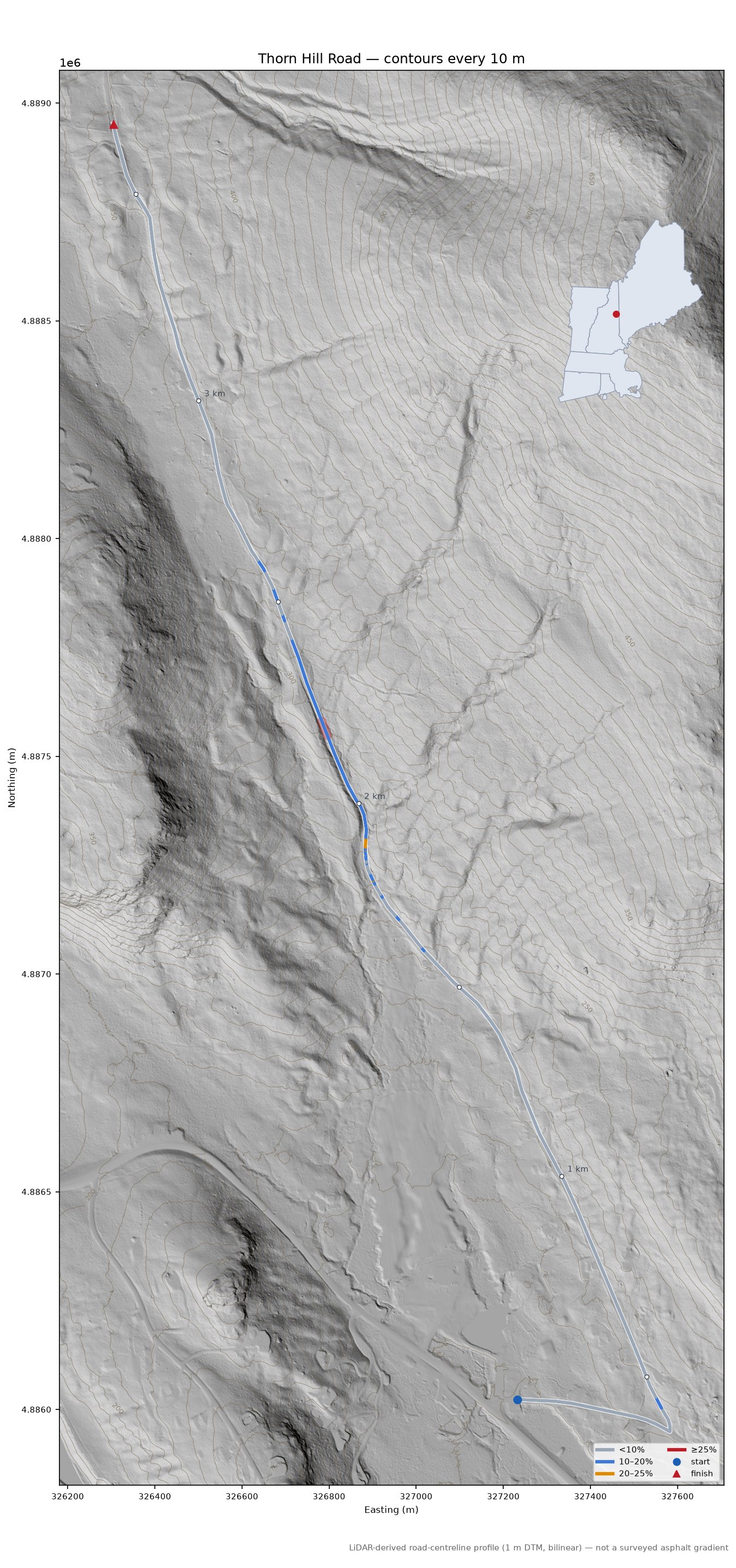 Thorn Hill Road LiDAR hillshade map with contours