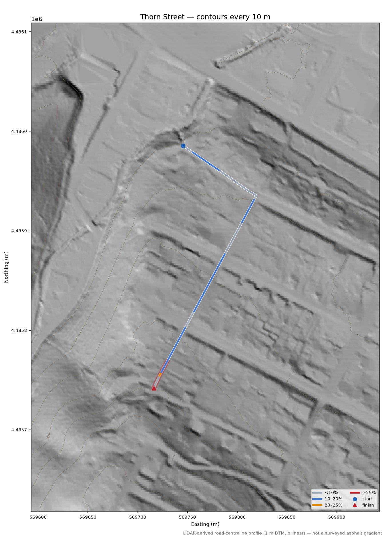 Thorn Street LiDAR hillshade map with contours