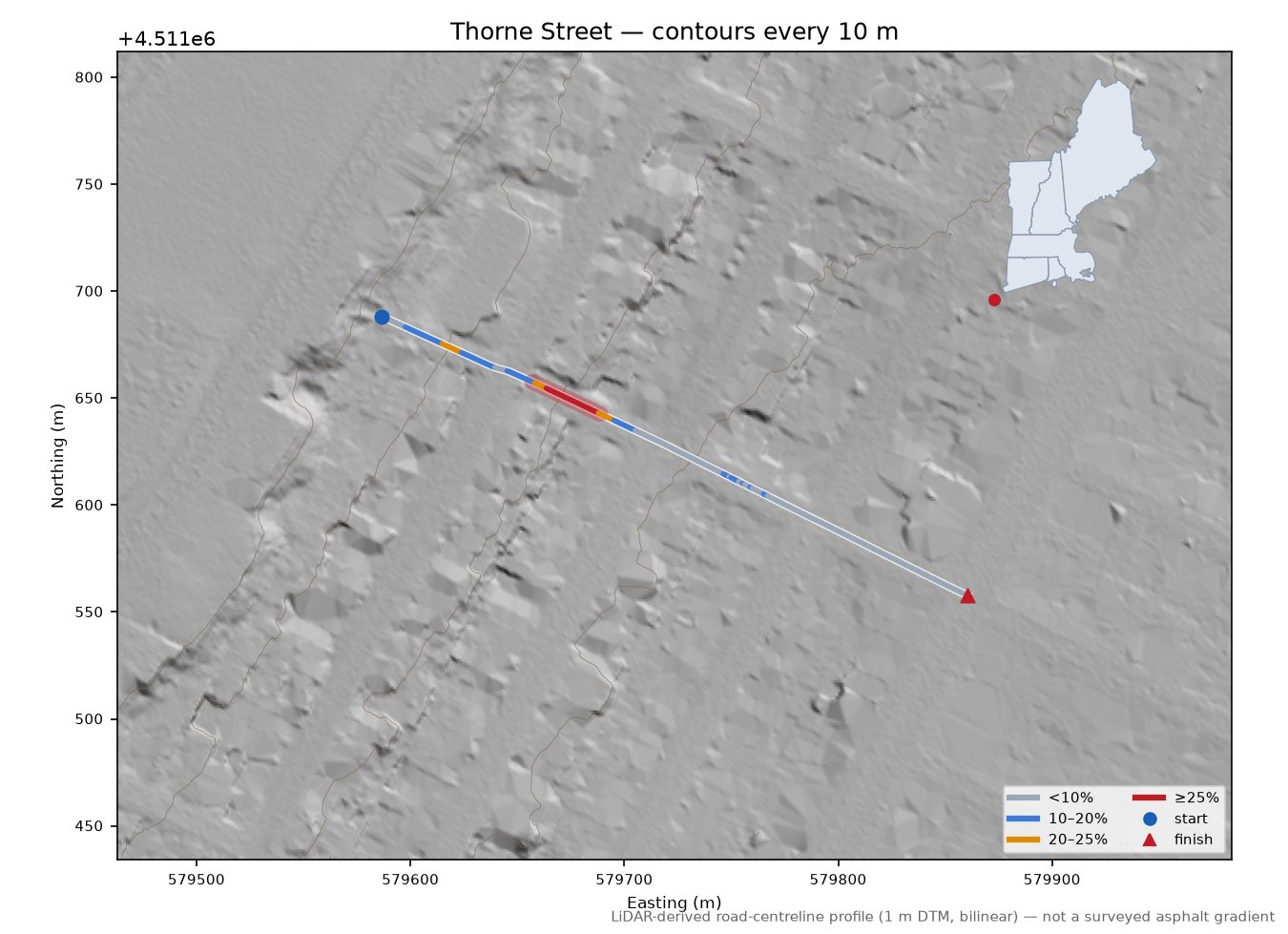 Thorne Street LiDAR hillshade map with contours