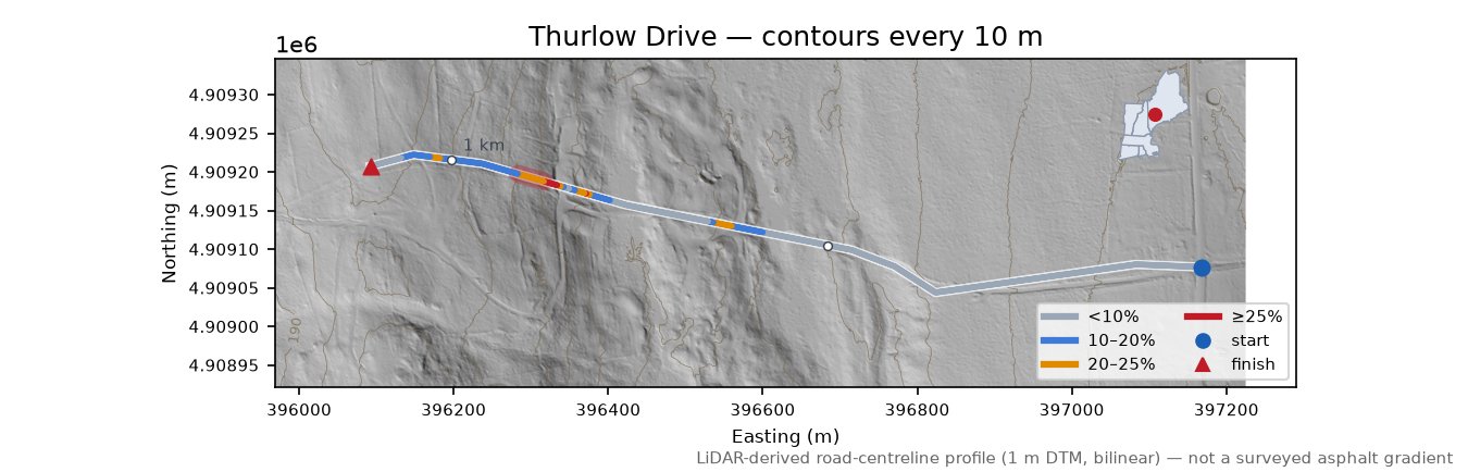 Thurlow Drive LiDAR hillshade map with contours