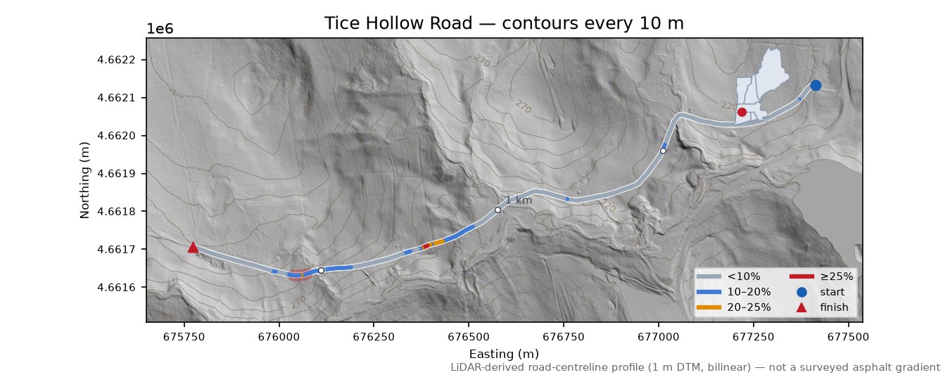Tice Hollow Road LiDAR hillshade map with contours