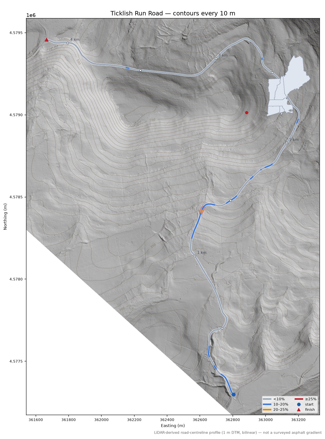 Ticklish Run Road LiDAR hillshade map with contours