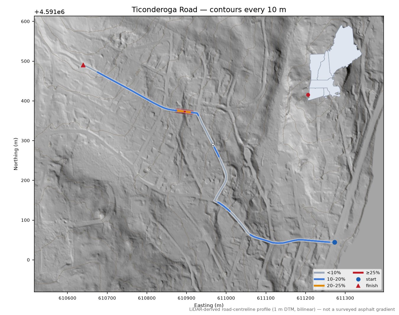 Ticonderoga Road LiDAR hillshade map with contours