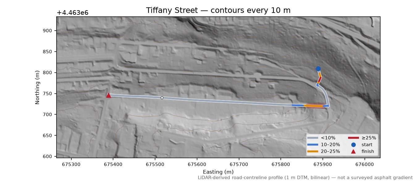 Tiffany Street LiDAR hillshade map with contours