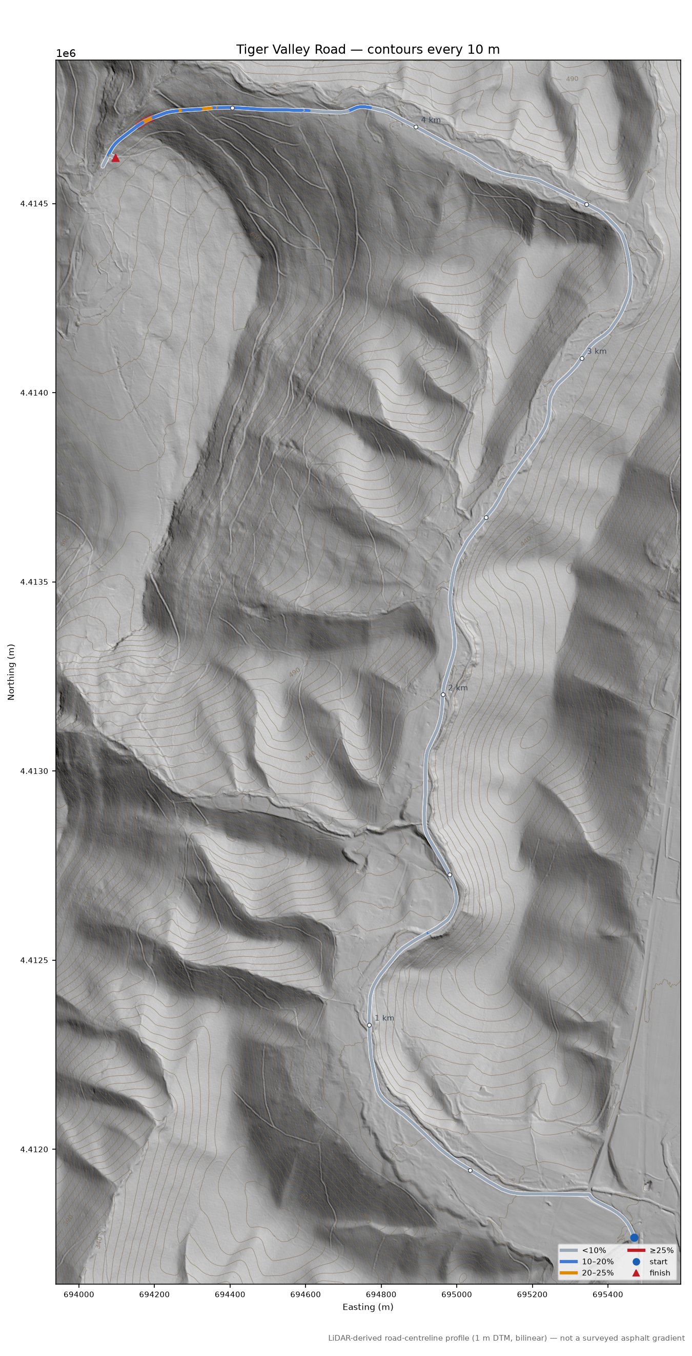 Tiger Valley Road LiDAR hillshade map with contours