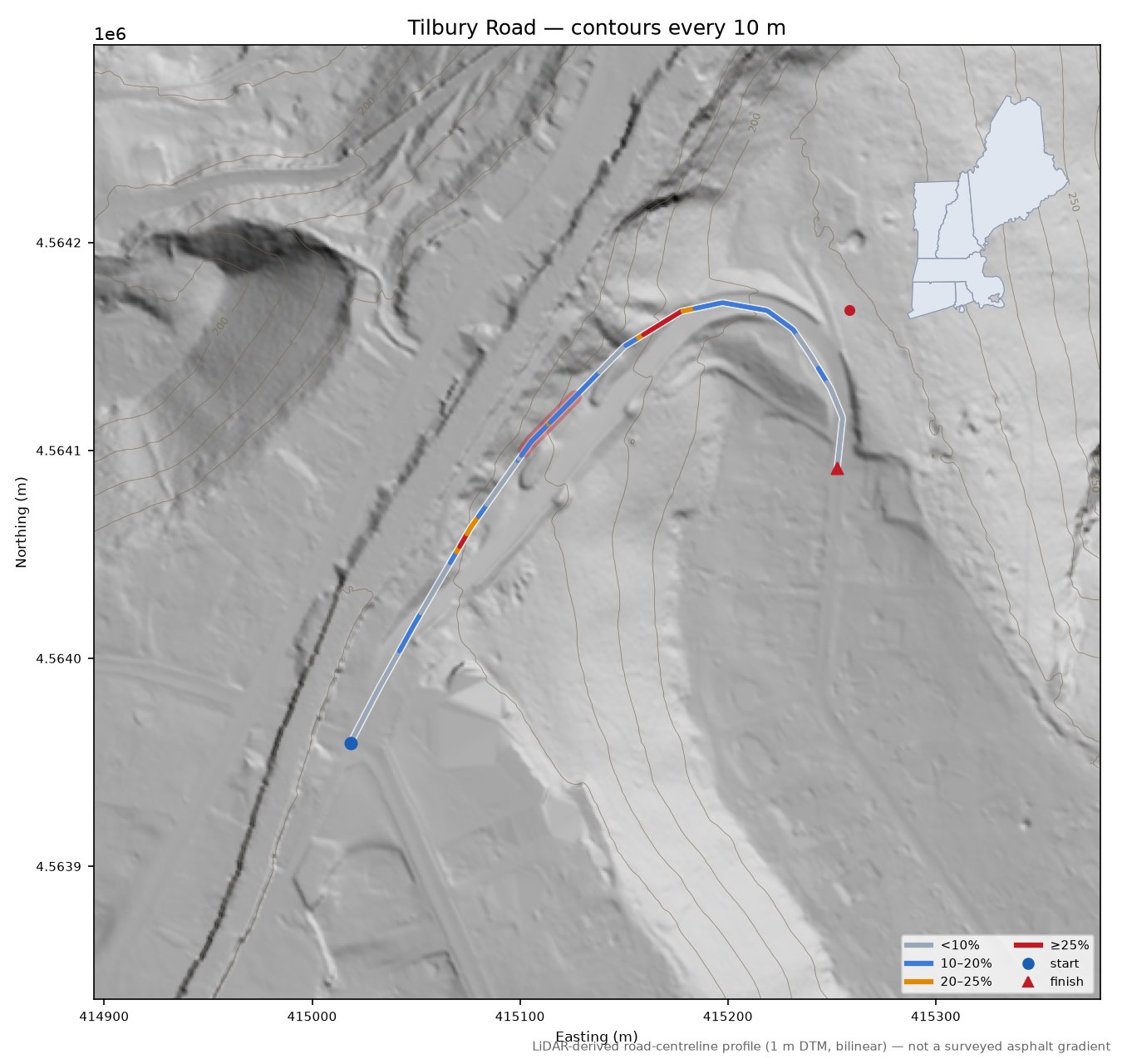Tilbury Road LiDAR hillshade map with contours