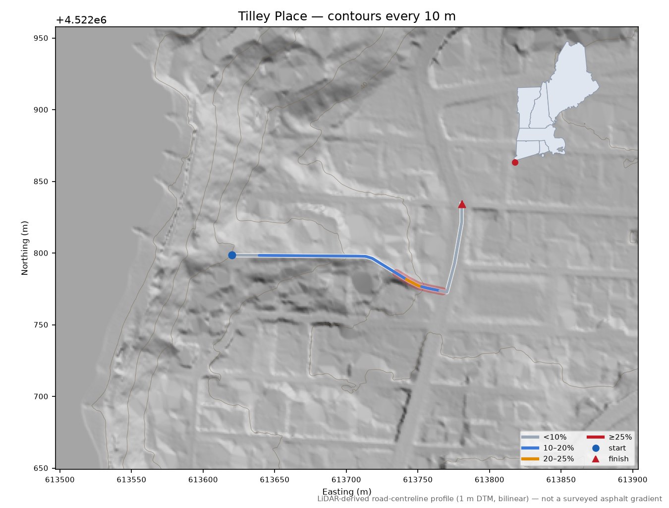 Tilley Place LiDAR hillshade map with contours