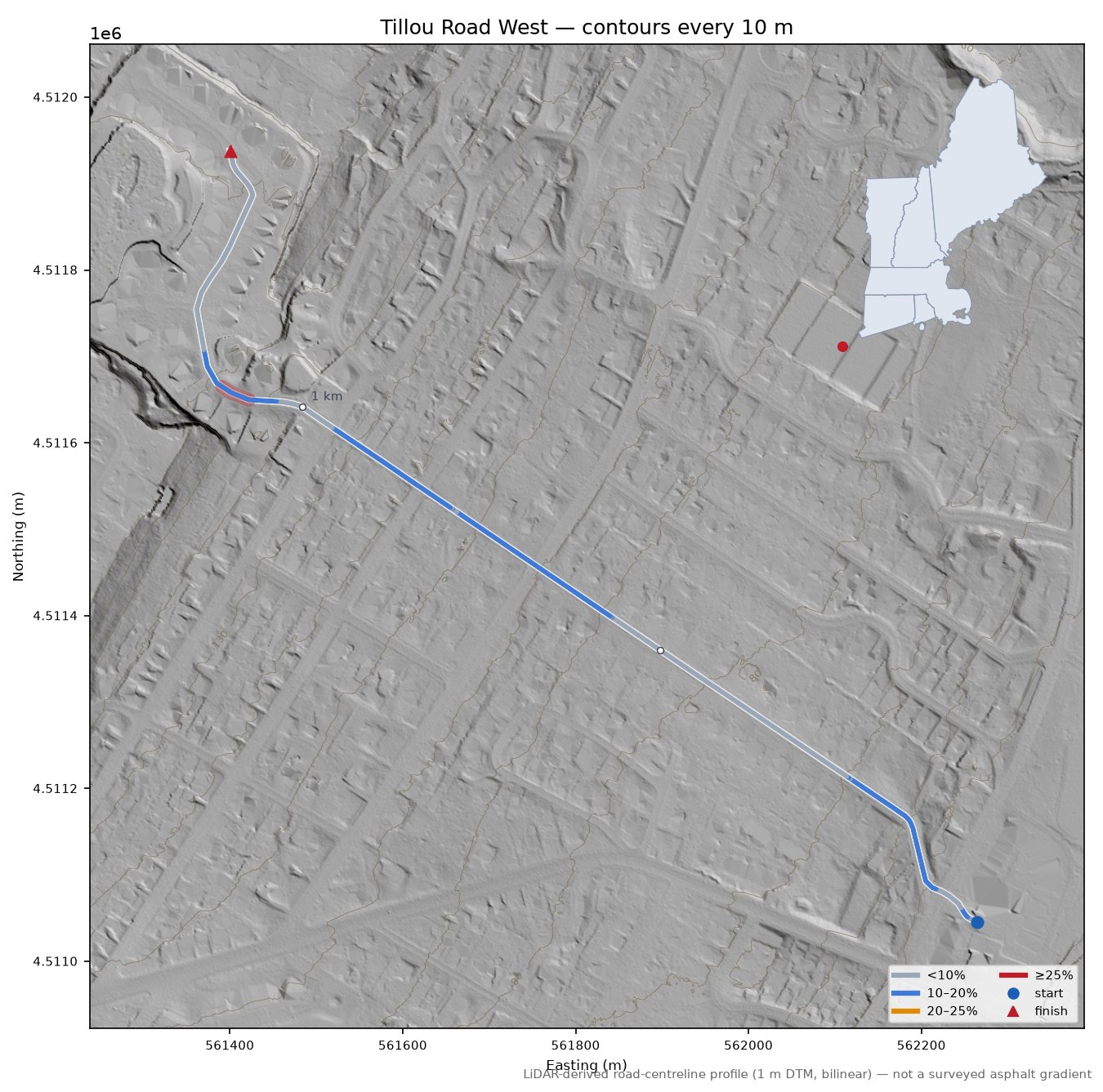 Tillou Road West LiDAR hillshade map with contours