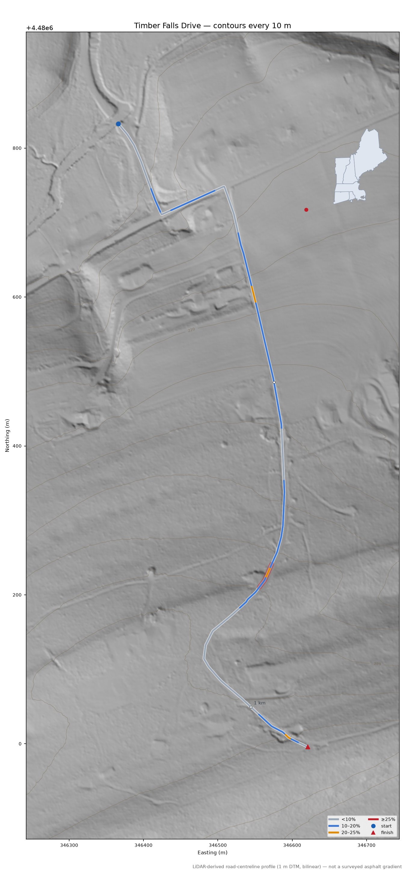 Timber Falls Drive LiDAR hillshade map with contours