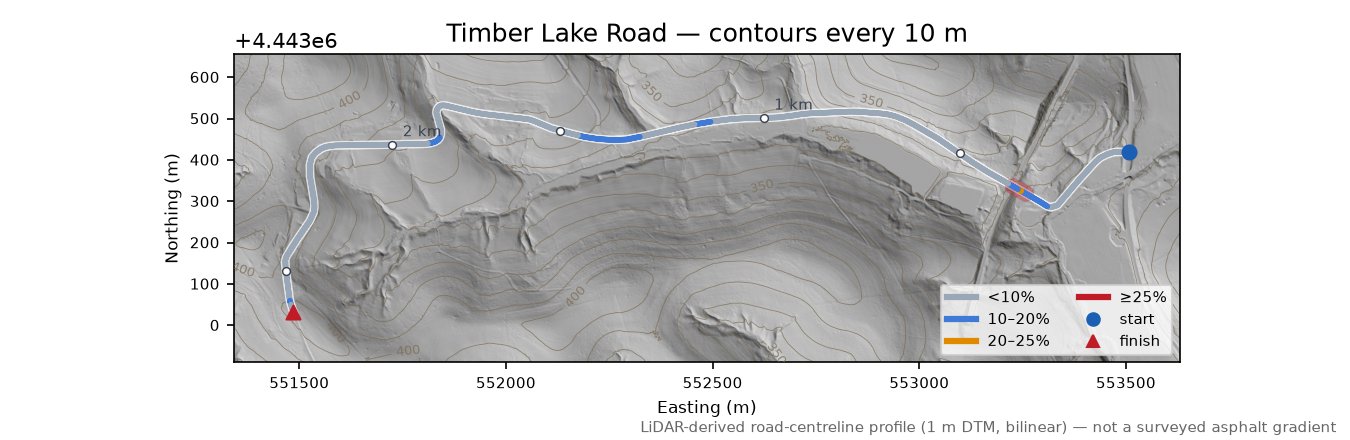 Timber Lake Road LiDAR hillshade map with contours