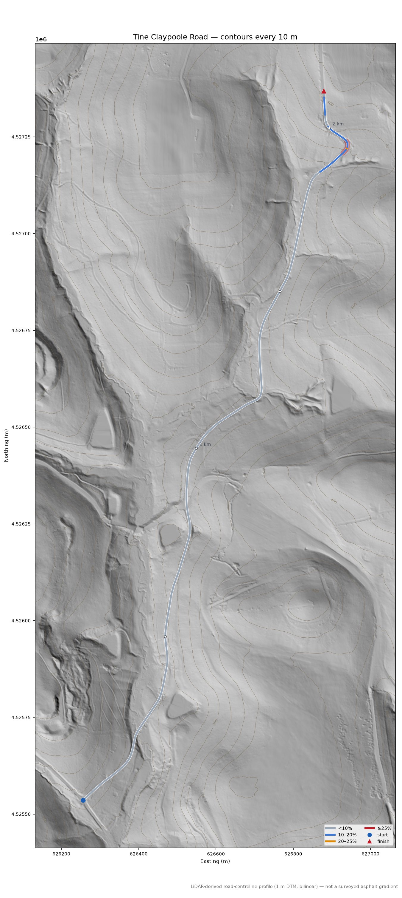 Tine Claypoole Road LiDAR hillshade map with contours