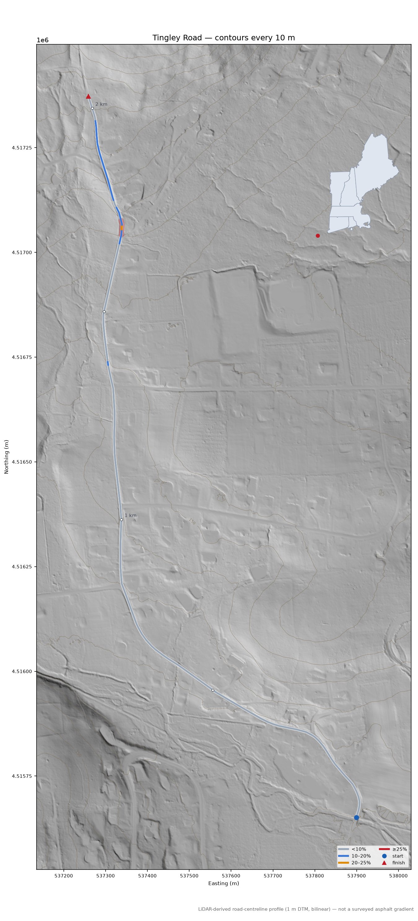 Tingley Road LiDAR hillshade map with contours
