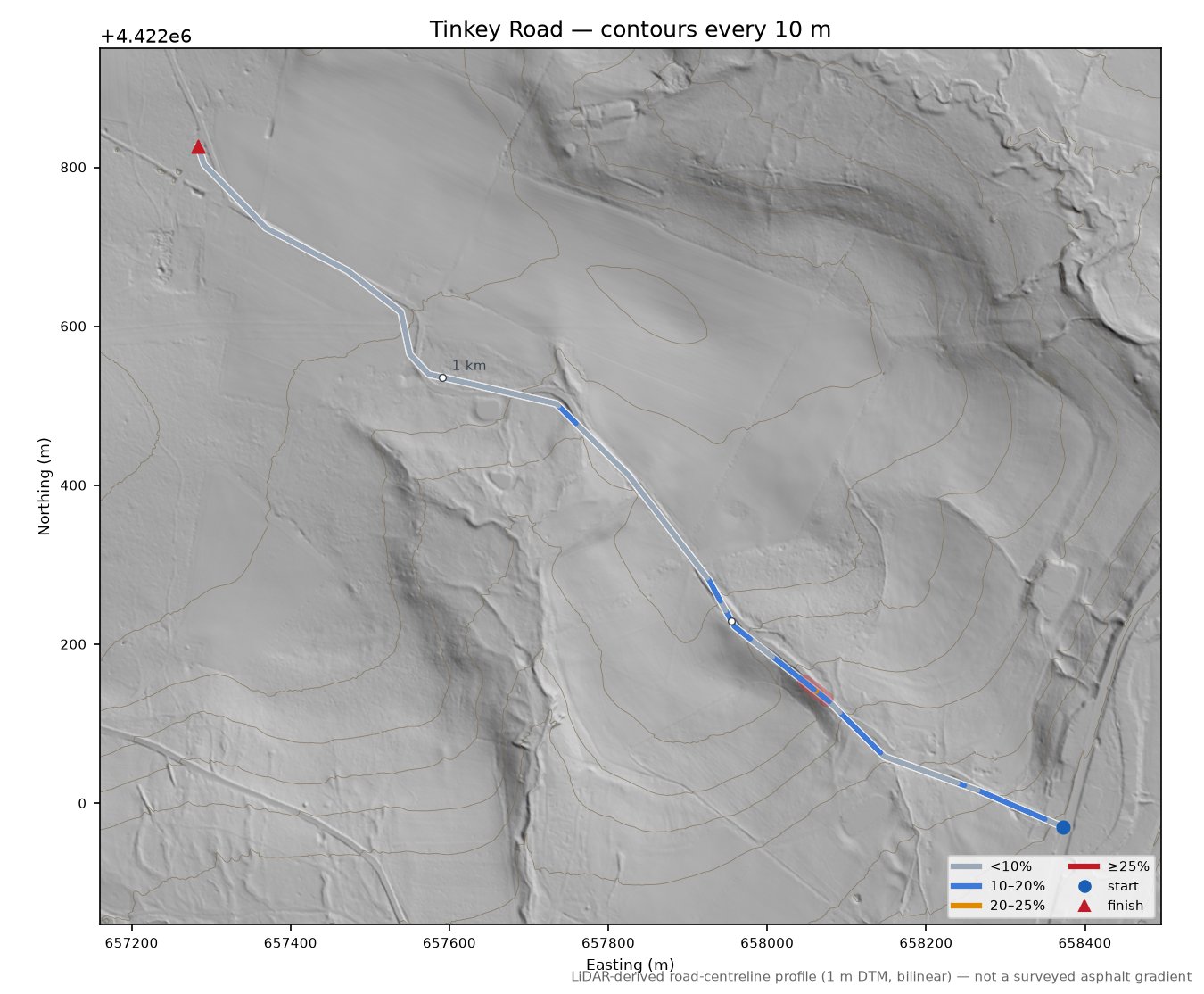 Tinkey Road LiDAR hillshade map with contours