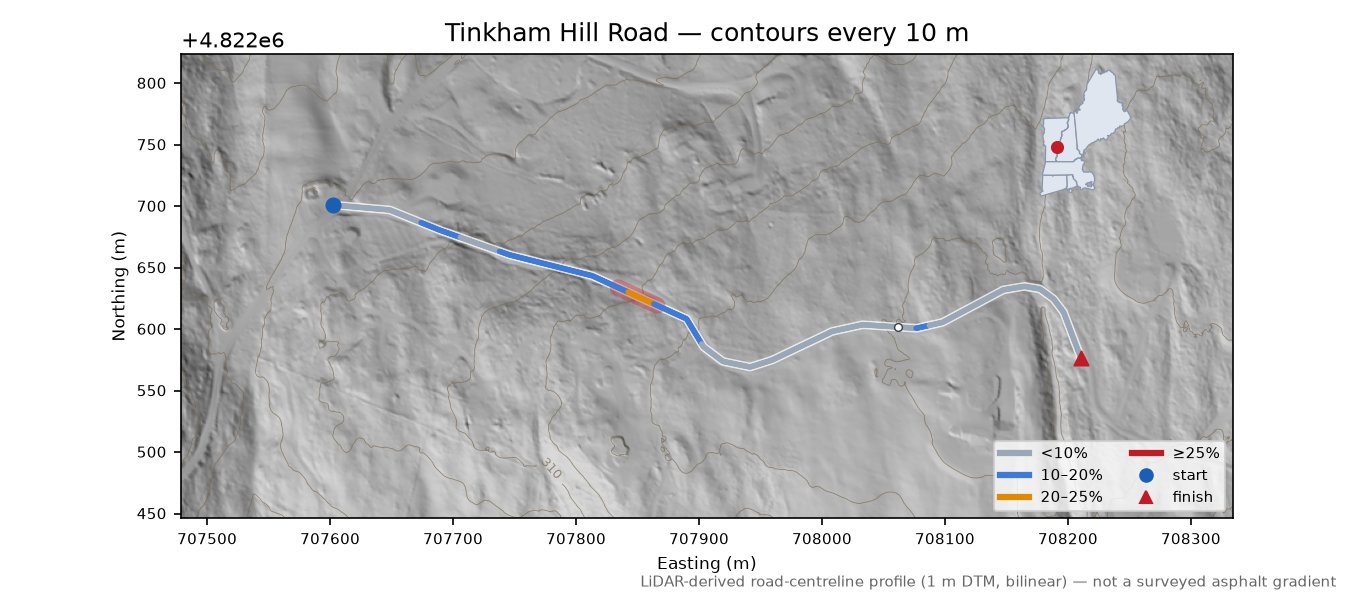 Tinkham Hill Road LiDAR hillshade map with contours