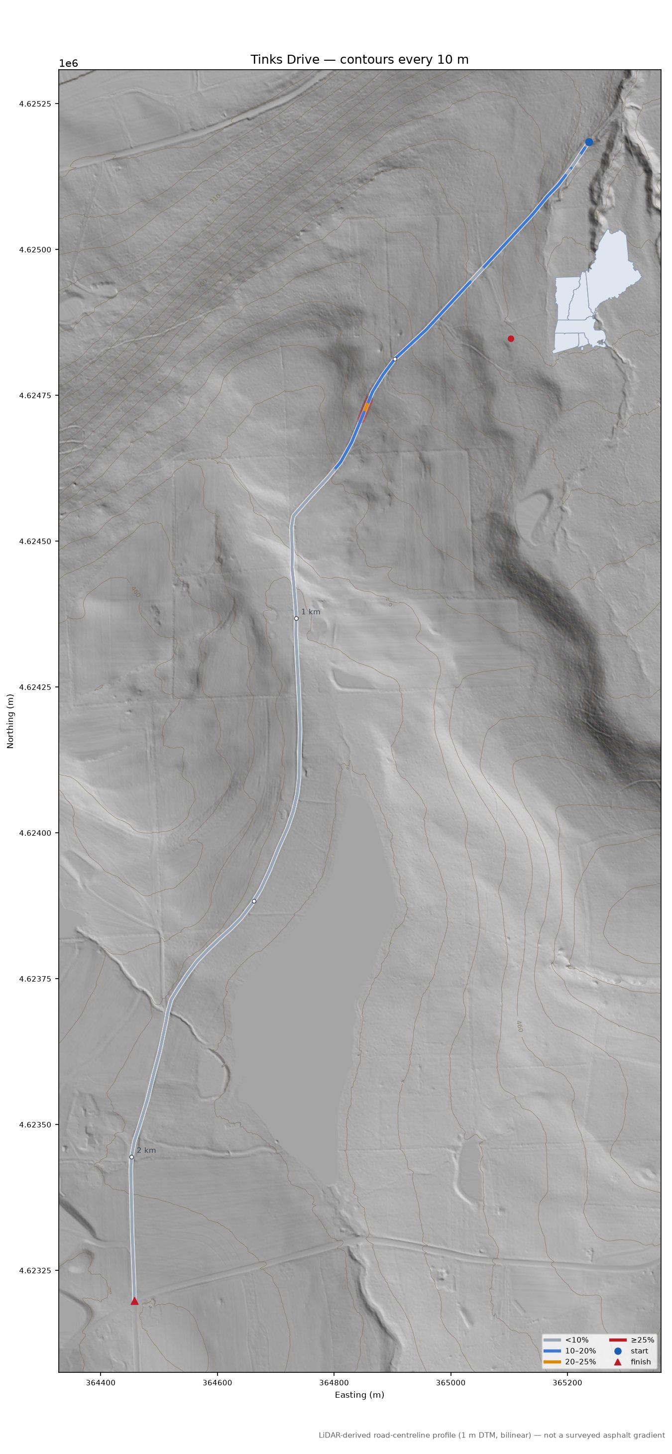 Tinks Drive LiDAR hillshade map with contours