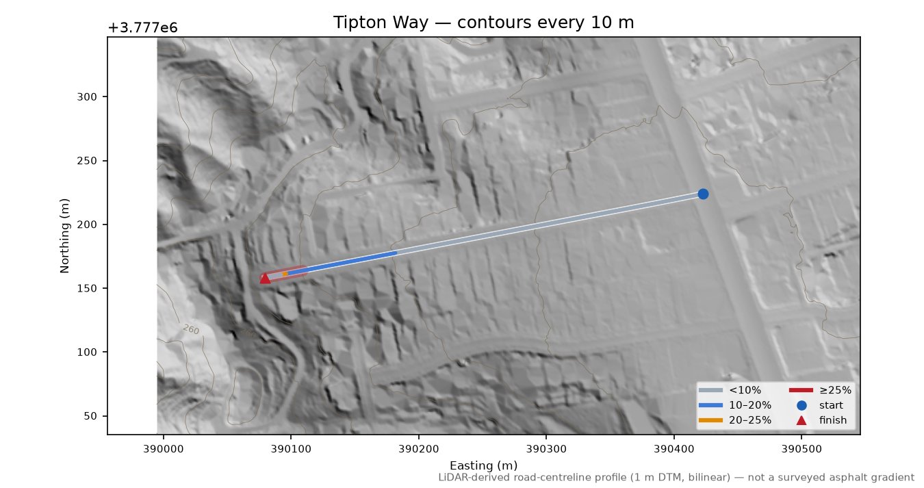 Tipton Way LiDAR hillshade map with contours