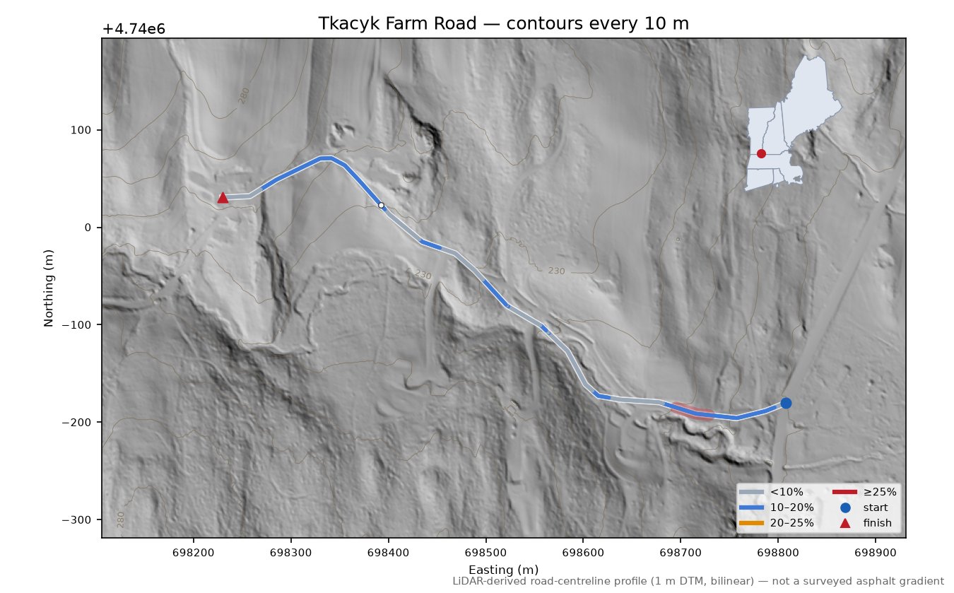 Tkacyk Farm Road LiDAR hillshade map with contours
