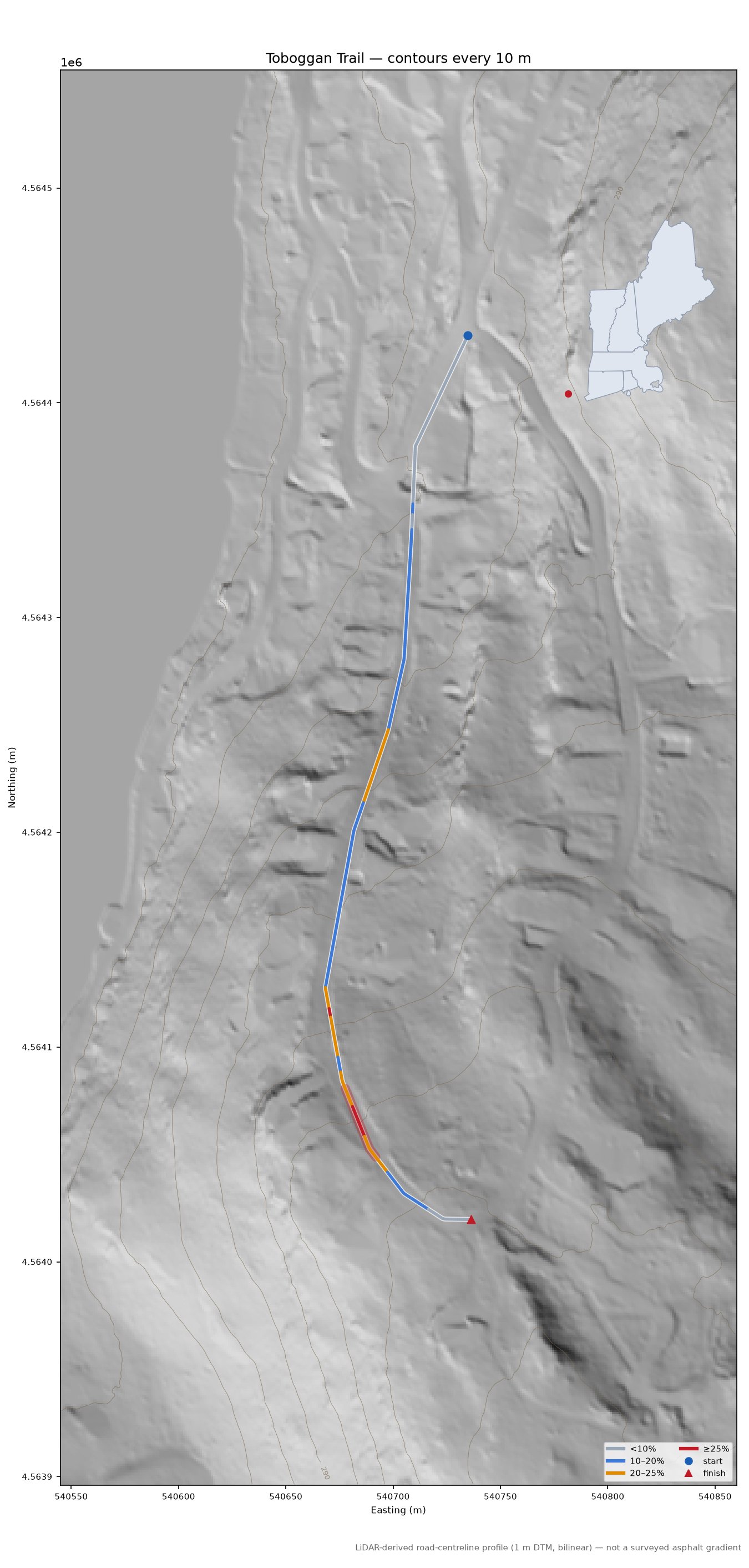 Toboggan Trail LiDAR hillshade map with contours