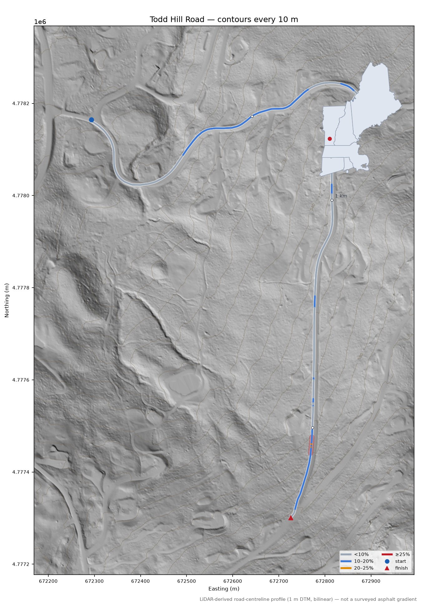 Todd Hill Road LiDAR hillshade map with contours