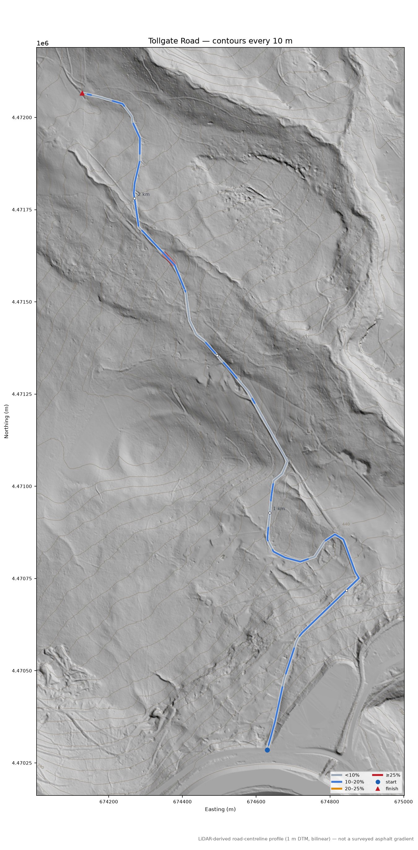 Tollgate Road LiDAR hillshade map with contours