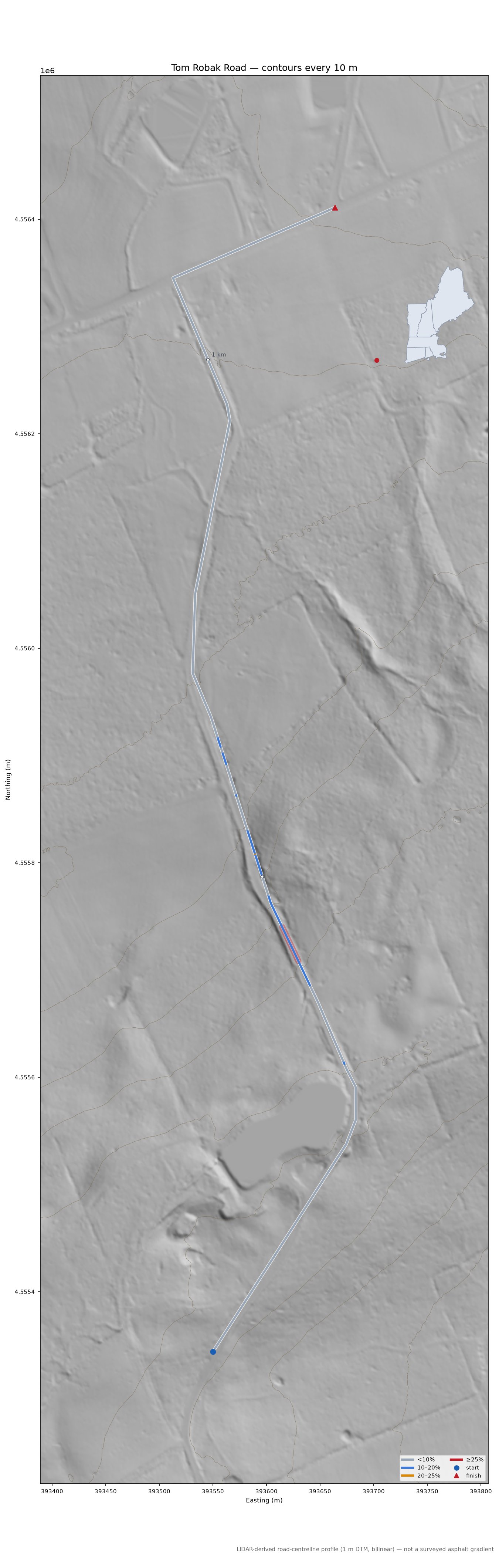 Tom Robak Road LiDAR hillshade map with contours