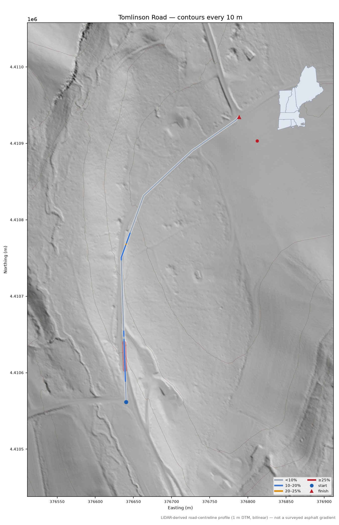 Tomlinson Road LiDAR hillshade map with contours