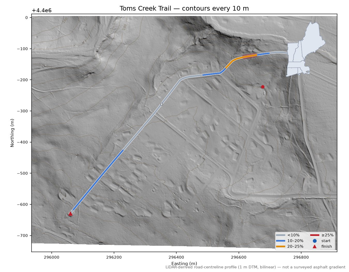 Toms Creek Trail LiDAR hillshade map with contours